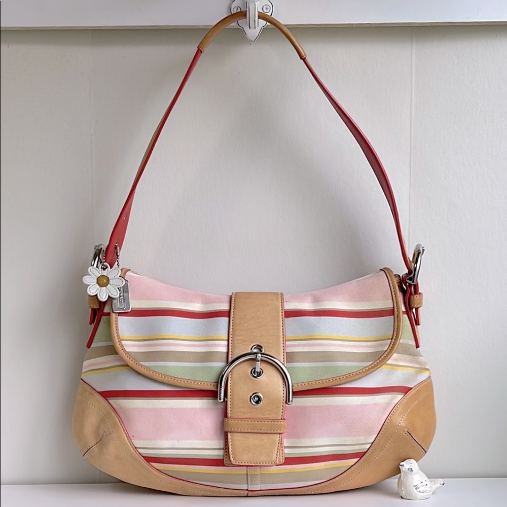 Coach Red and Pink Shoulder Bag with Striped Design